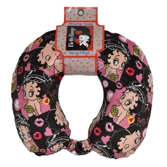 Betty Boop Memory Foam Travel Neck Pillow Pink Red Black Lips Kiss Pose Iconic - Picture 1 of 3